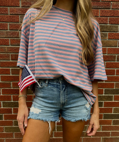 Oversized Boyfriend Stripe Tee (Rose)