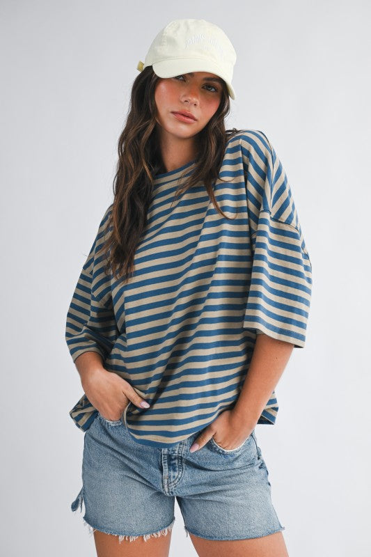 Oversized Stripe Boyfriend Tee (Tan)