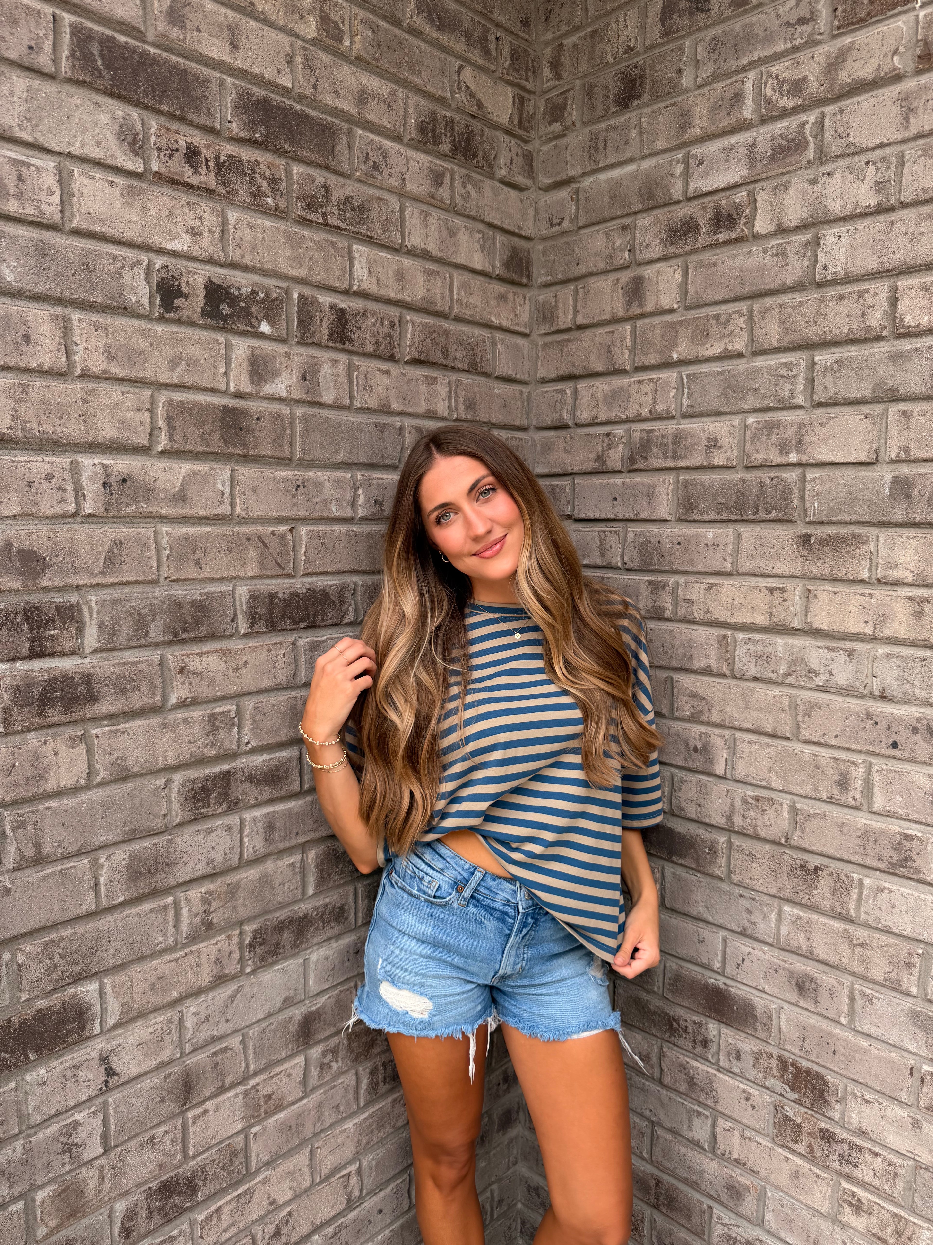 Oversized Stripe Boyfriend Tee (Tan)