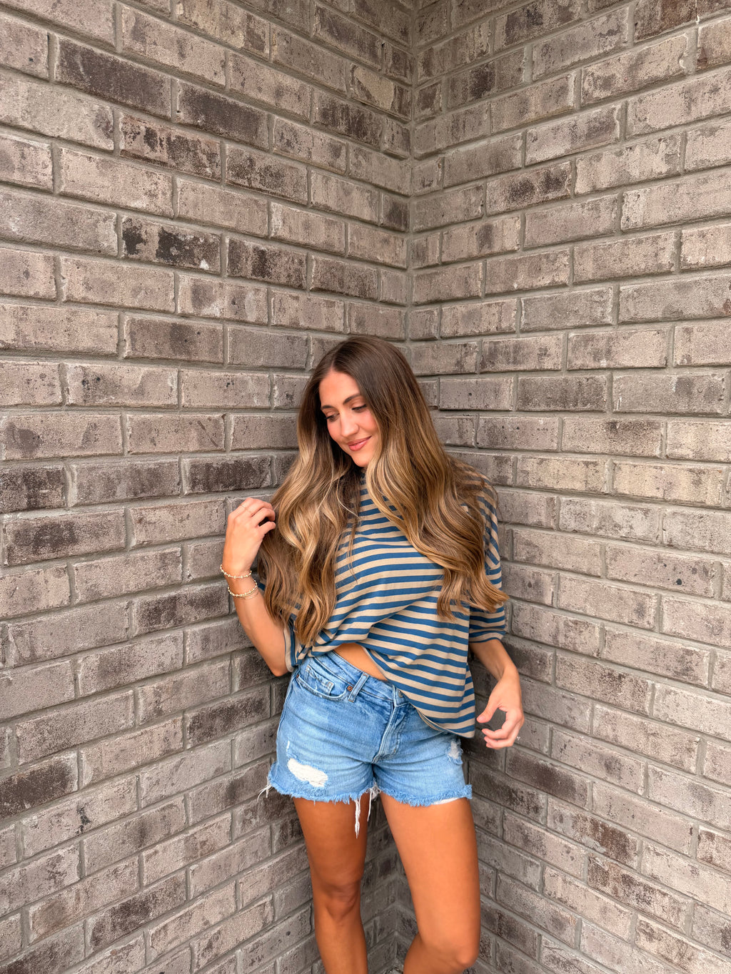 Oversized Stripe Boyfriend Tee (Tan)