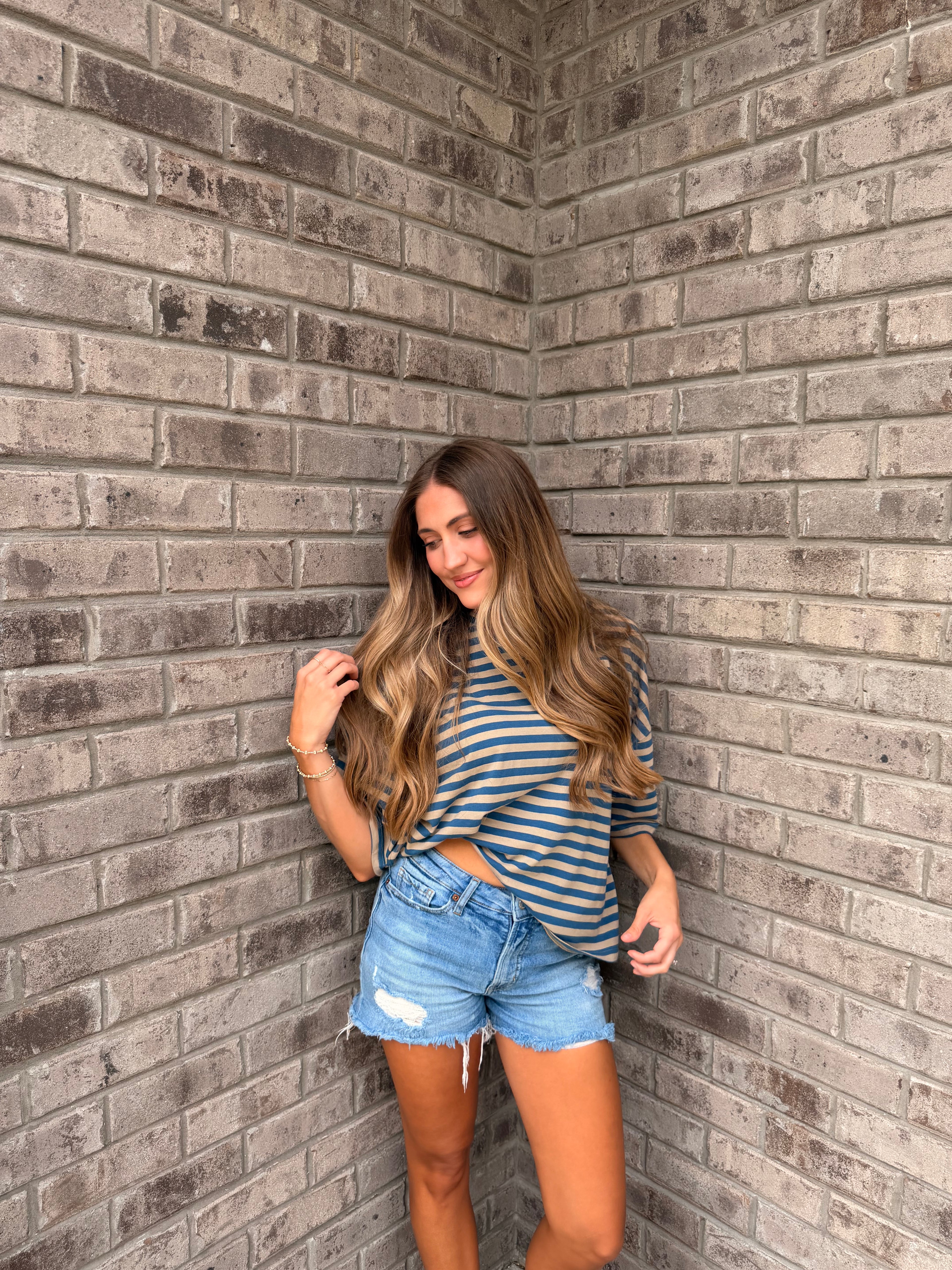 Oversized Stripe Boyfriend Tee (Tan)