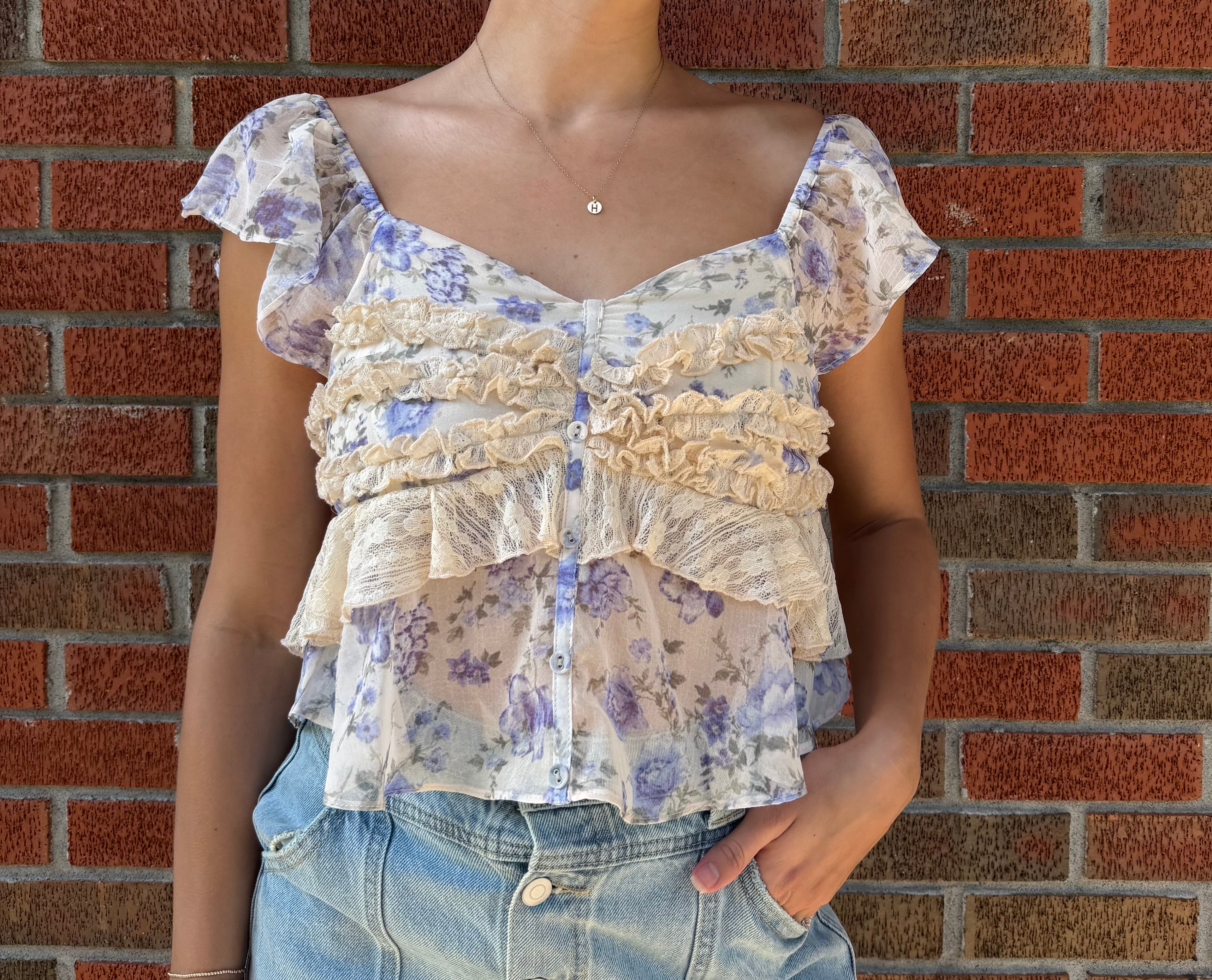 Ruffle Lace Sweetheart Floral Top