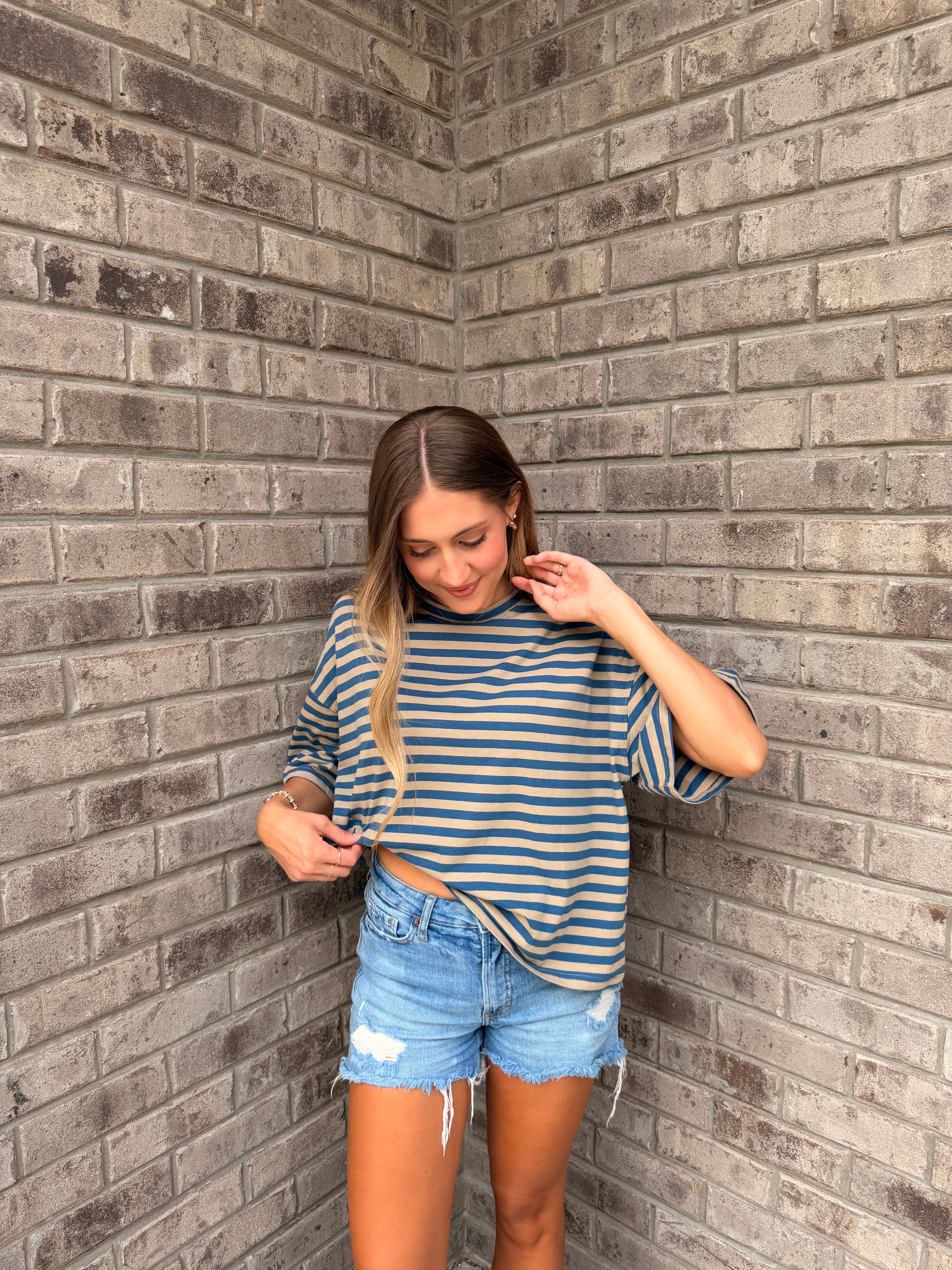 Oversized Stripe Boyfriend Tee (Tan)